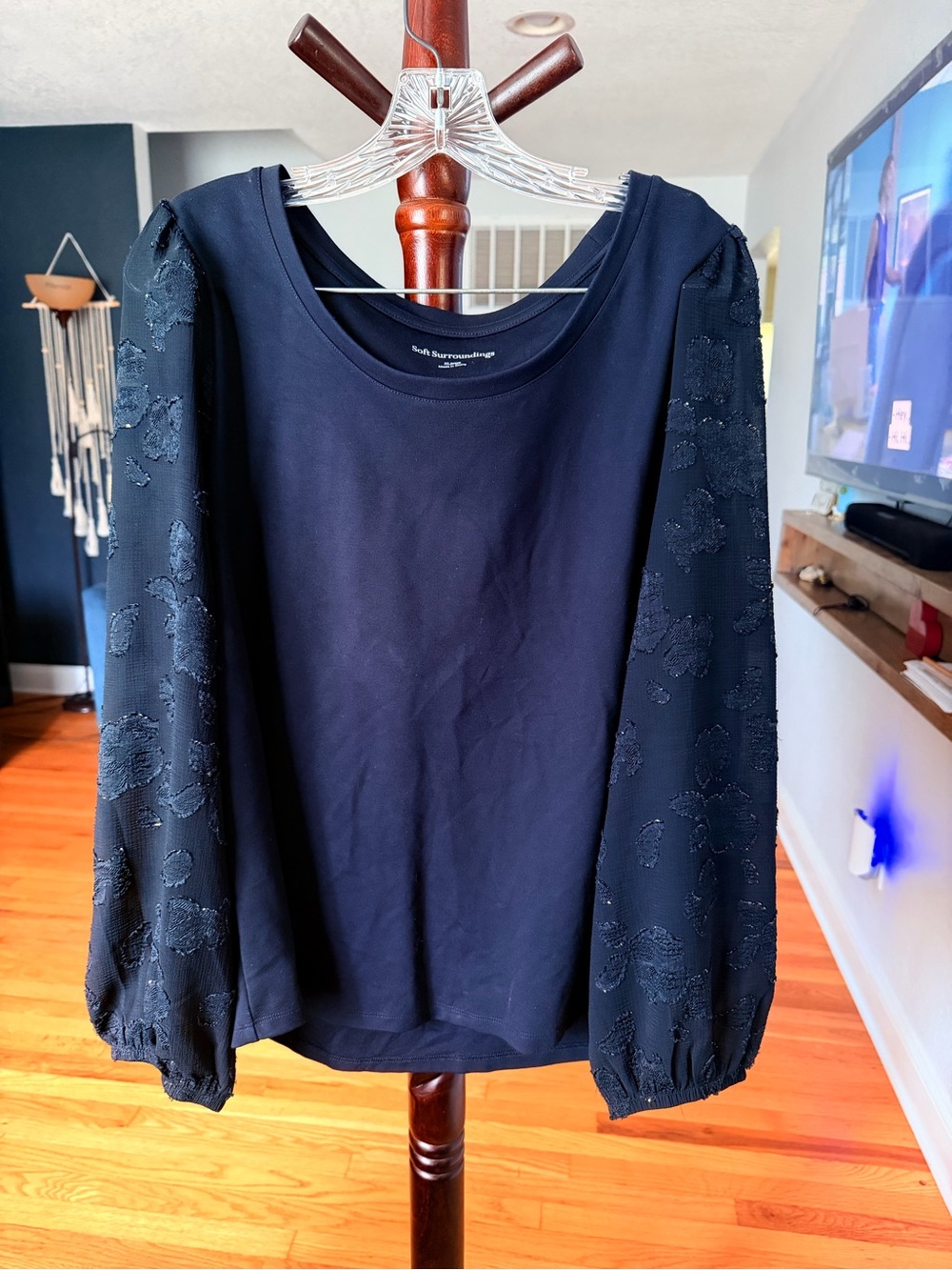 Soft Surroundings Black Long-Sleeve Top with Embroidered Sheer Sleeves